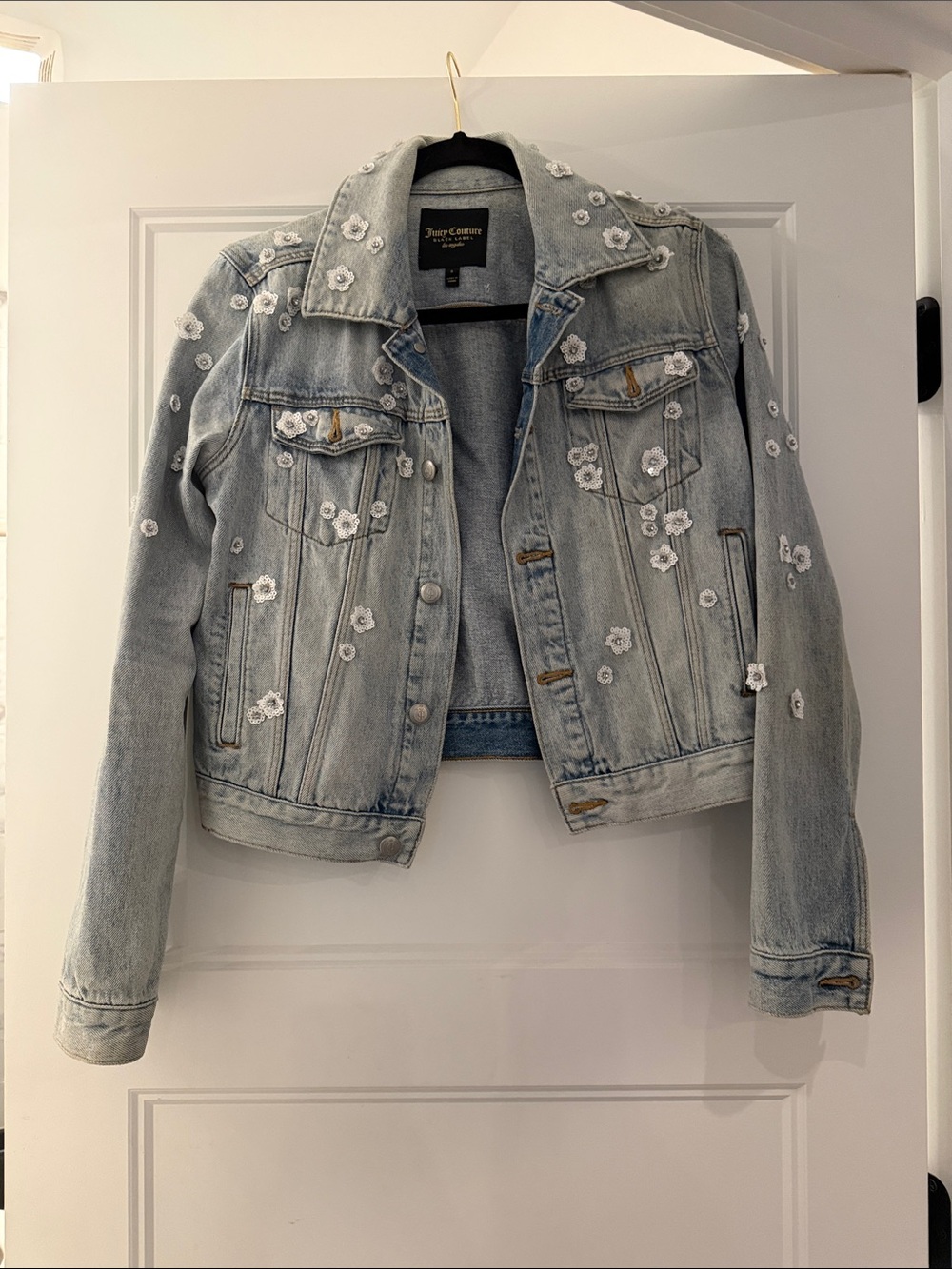 Juicy Couture Light Blue Denim Jacket with White Floral Appliqués
